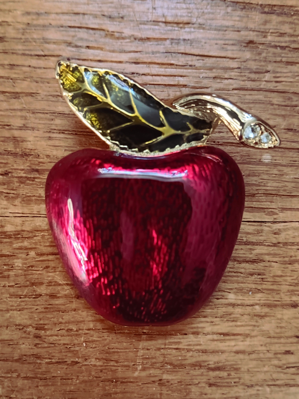 Vintage Enamel & Goldtone Red Apple Brooch With Green Leaf & Clear Rhinestones